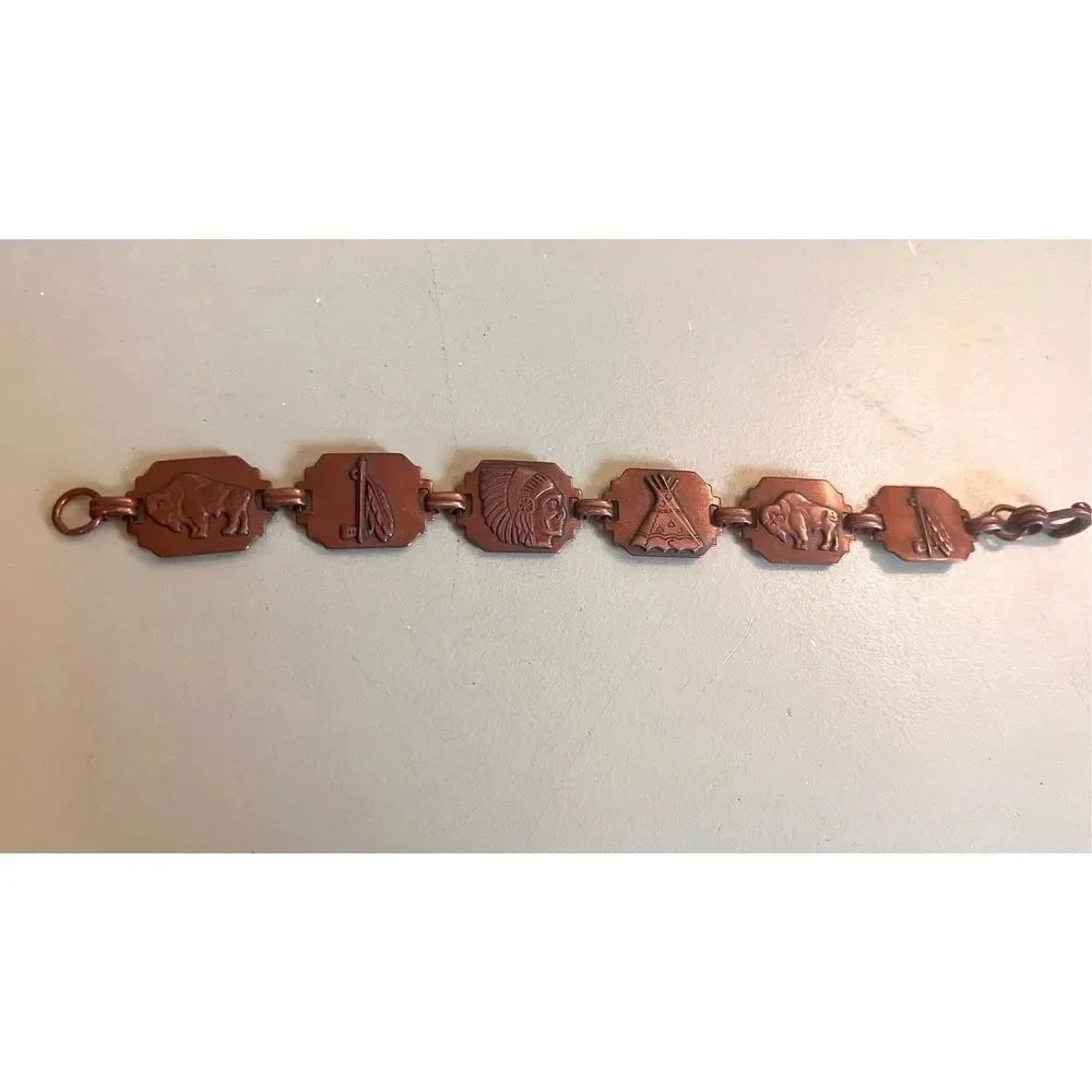 Vintage Native American Stamped Copper Link‎ Bracelet Bison Indian Teepee